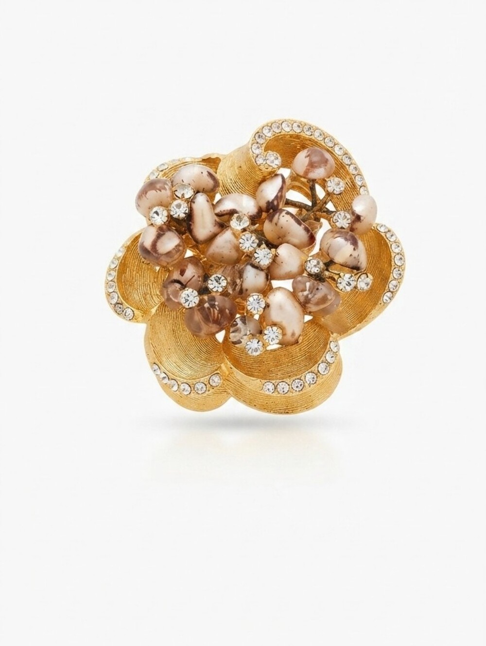 Vintage 1960s Gold Tone Flower Brooch, Textured Ribbon Petals, Shell Cluster Pea